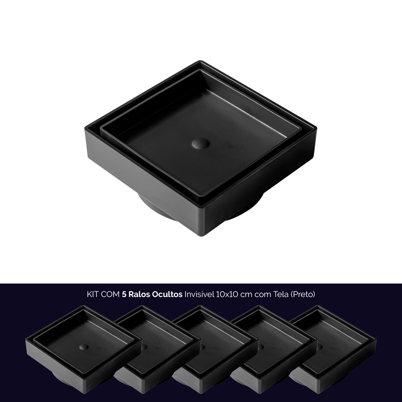 Kit 05 - Ralo Oculto Invisível 10x10 Cm Com Tela (preto)