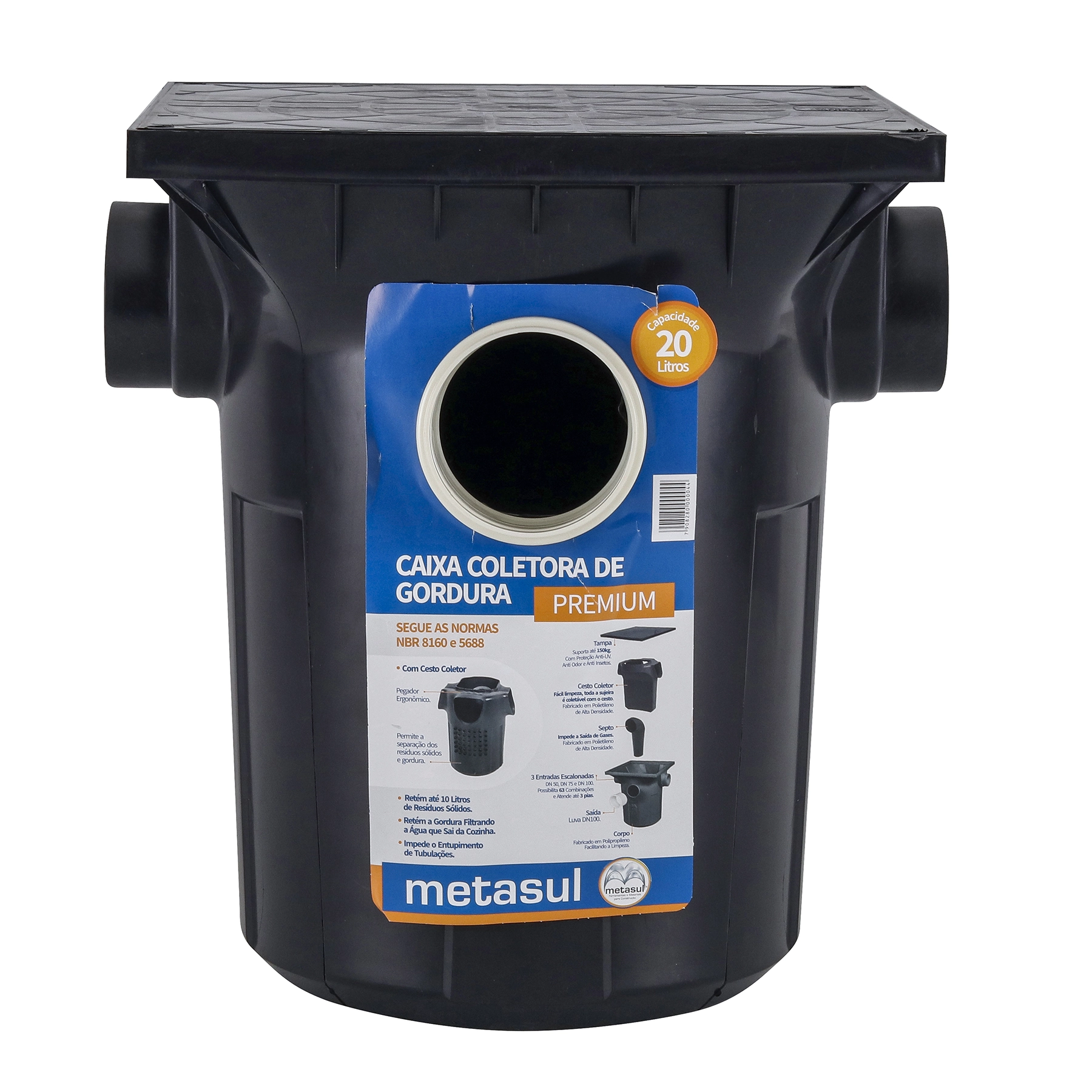 Caixa de Gordura Polipropileno 20L 100mm com Cesto para Limpeza Premium Metasul