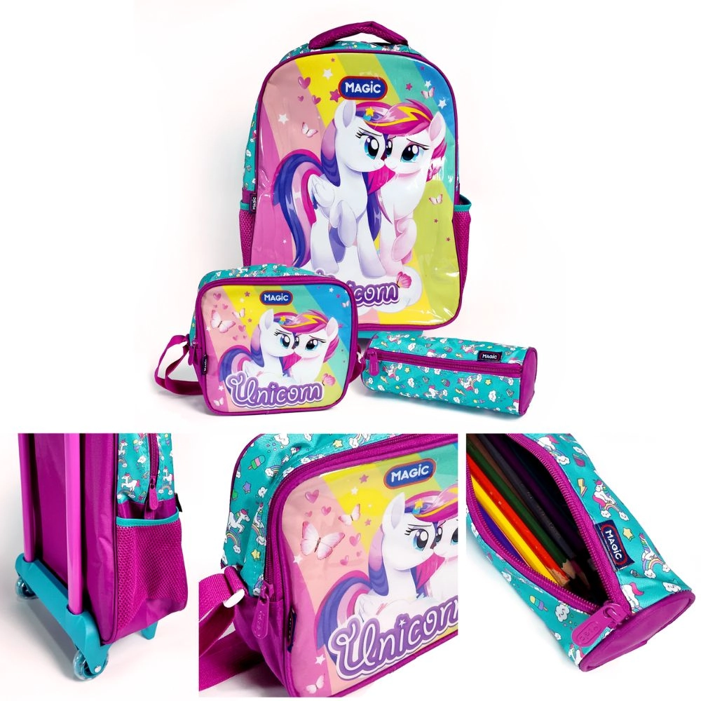 Mochila De Rodinhas C/estojo E Lancheira Casal De Unicornios