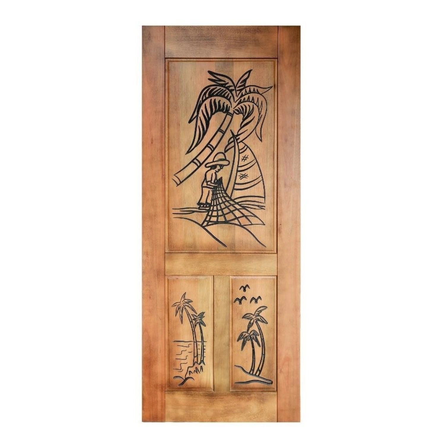 Folha De Porta Madeira Maciça Entalhada Pescador 90x210x3,5cm Cedro Rosa Marrom