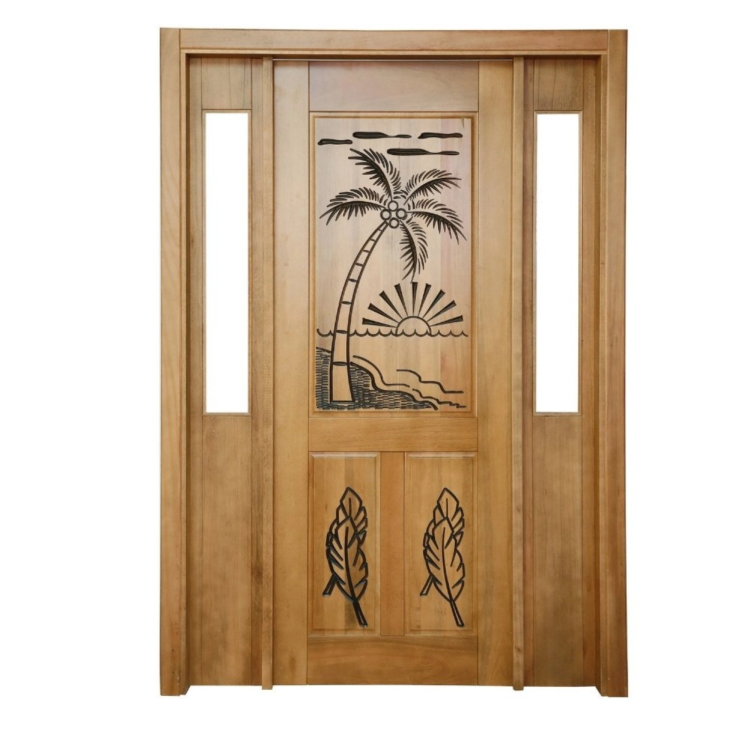 Portal Madeira Maciça Vitrô Duplo Palmeira Entalhada Completa 153x213x16cm Cedro Rosa Madeira