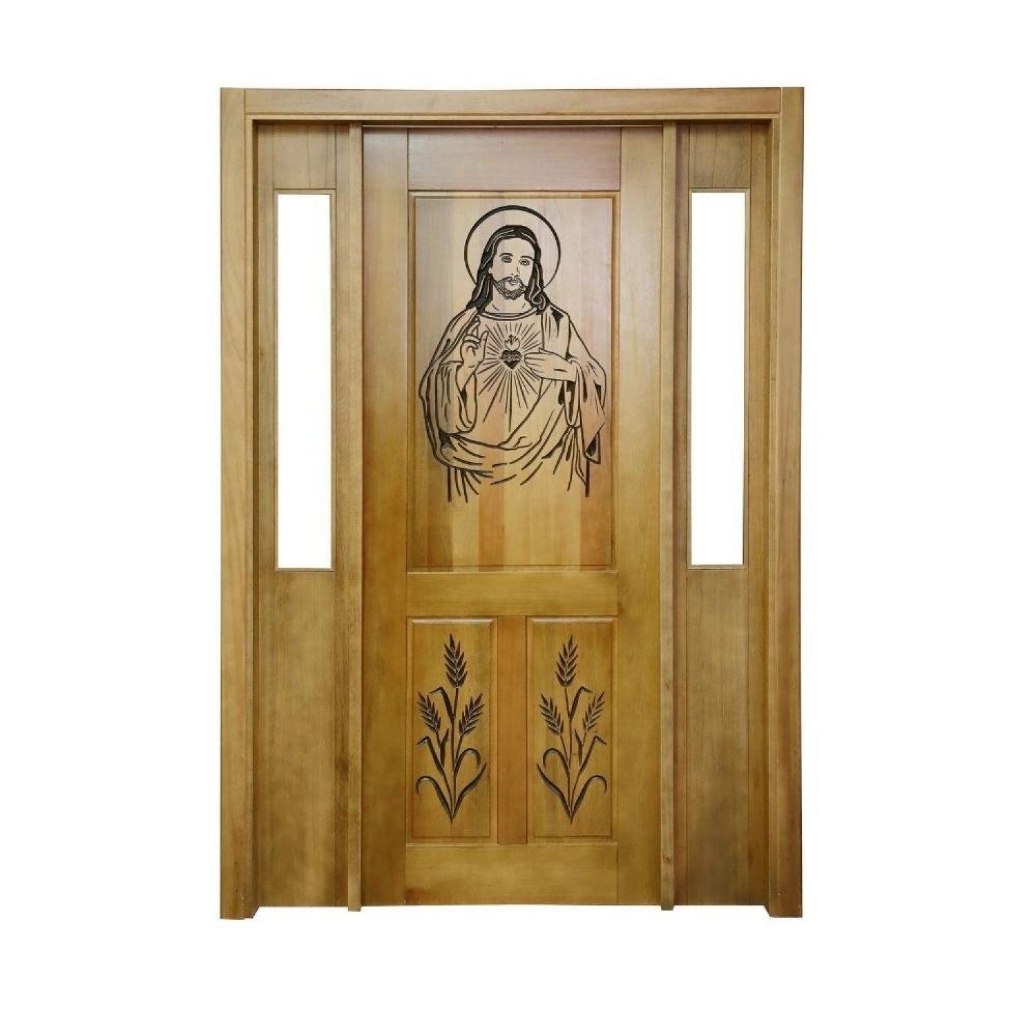 Portal Madeira Maciça Vitrô Duplo Cristo Entalhada Completa 153x213x14cm Cedro Rosa Marrom