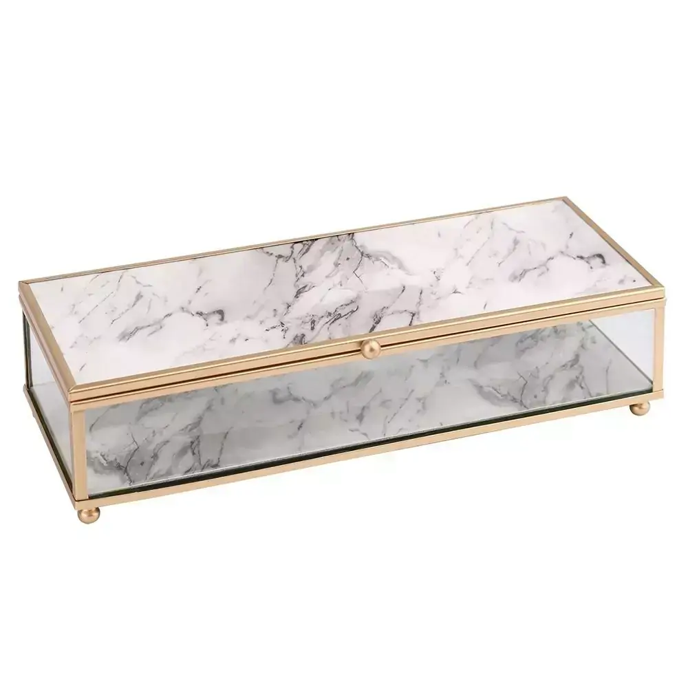 PORTA JÓIA DE VIDRO ESTILO MARMORE BRANCO E METAL DOURADO 25
