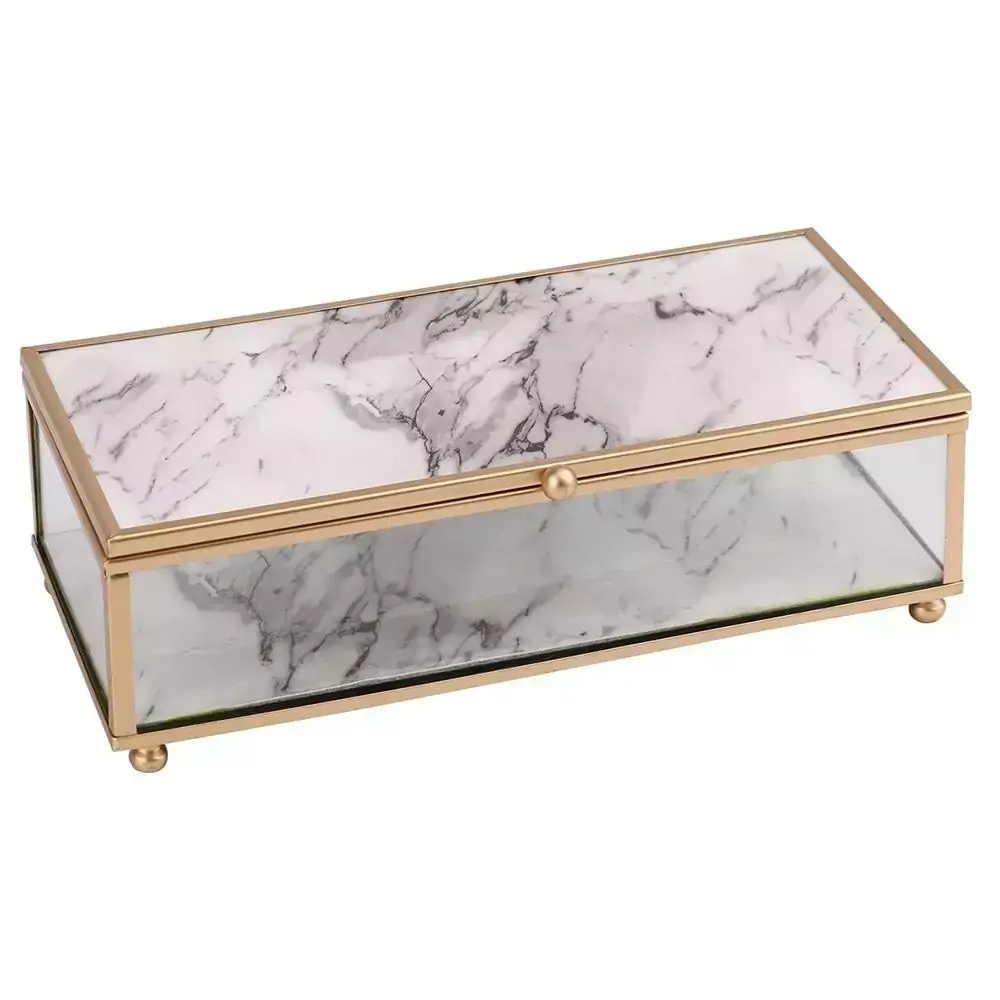 PORTA JÓIA DE VIDRO ESTILO MARMORE BRANCO E METAL DOURADO 20