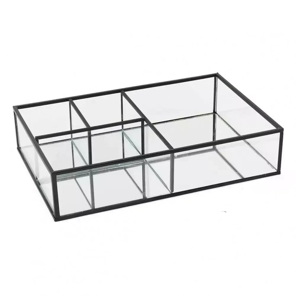 PORTA JOIAS EM METAL PRETO E VIDRO