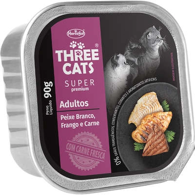 Ração úmida Three Cats Super Premium Patê Peixe Branco. Frango E Carne Para Gatos Adultos 90 G
