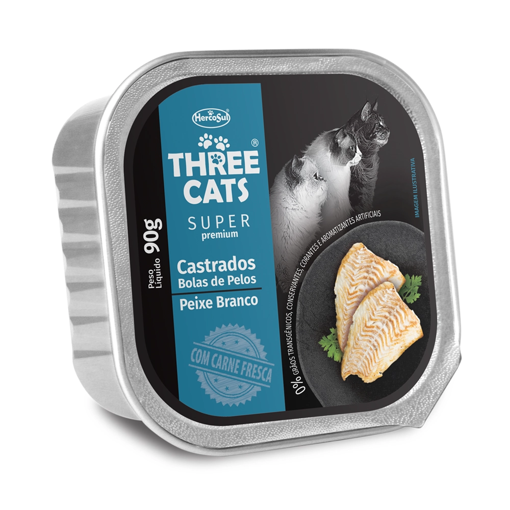 Ração úmida Three Cats Bolas De Pelos Super Premium Patê Peixe Branco Para Gatos Castrados 90g