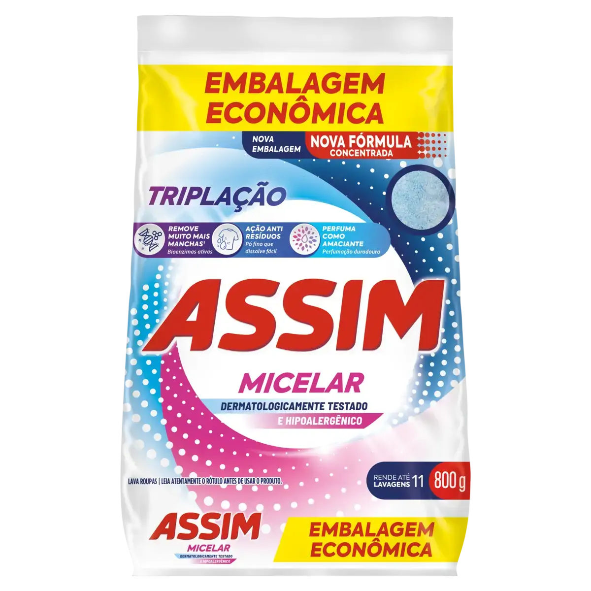 Lava Roupas Pó Assim Micelar Triplação Pacote 800g Embalagem Econômica