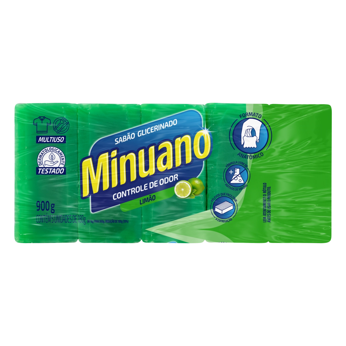 Sabão Barra Glicerinado Multiuso Limão Minuano Pacote 900g 5 Unidades