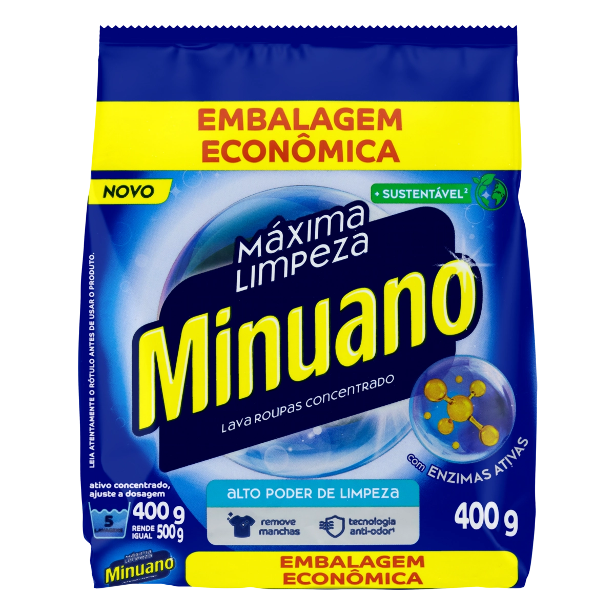 Lava Roupas Pó Concentrado Minuano Máxima Limpeza Pacote 400g Embalagem Econômica