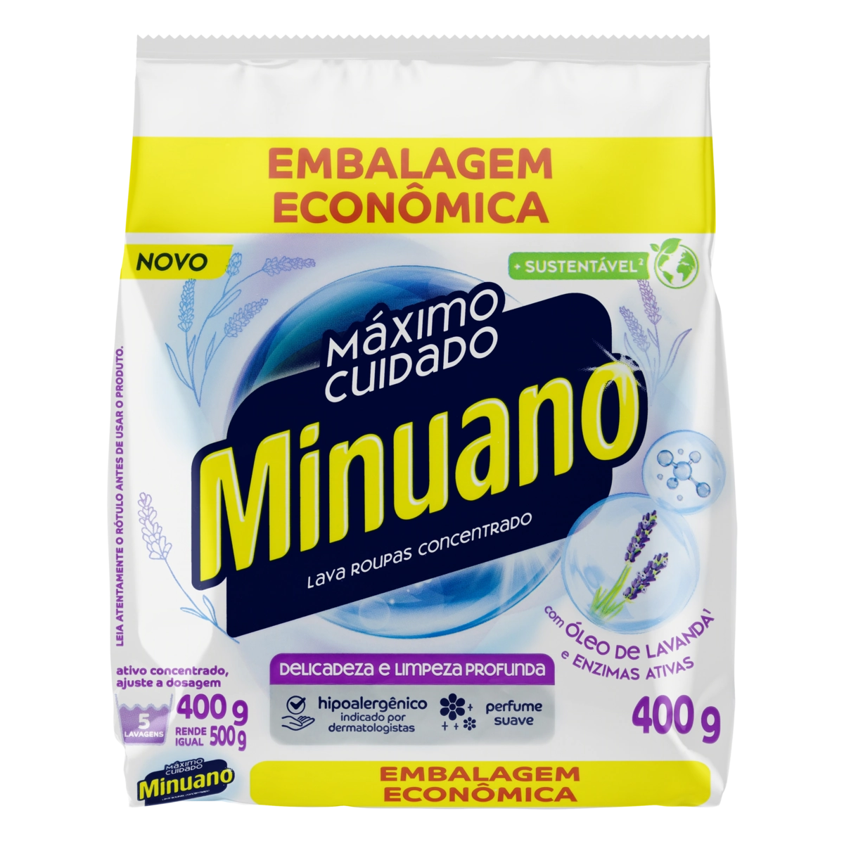 Lava Roupas Pó Concentrado Minuano Máximo Cuidado Pacote 400g Embalagem Econômica