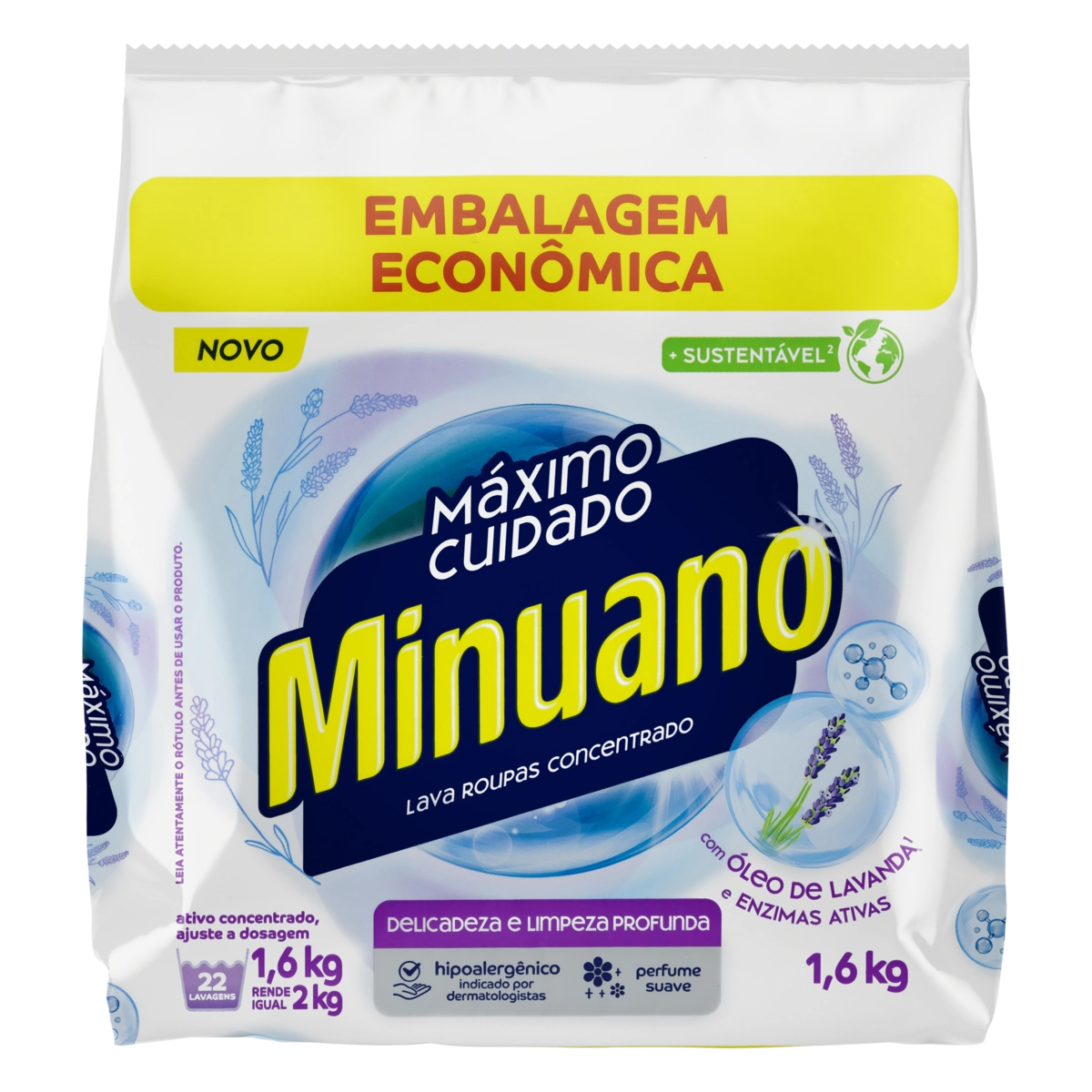 Lava Roupas Pó Concentrado Minuano Máximo Cuidado Pacote 1,6kg Embalagem Econômica
