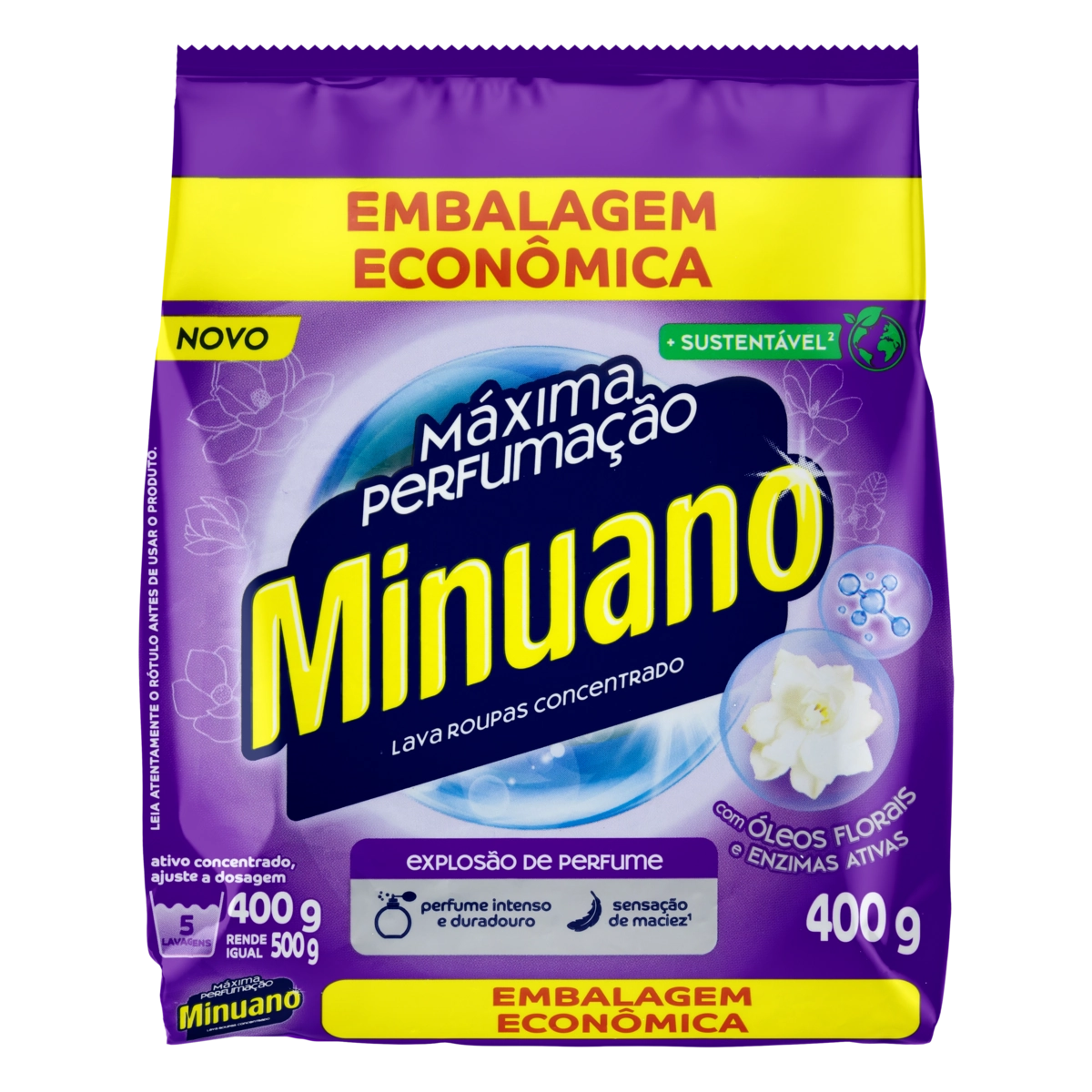 Lava Roupas Pó Concentrado Minuano Máxima Perfumação Pacote 400g Embalagem Econômica