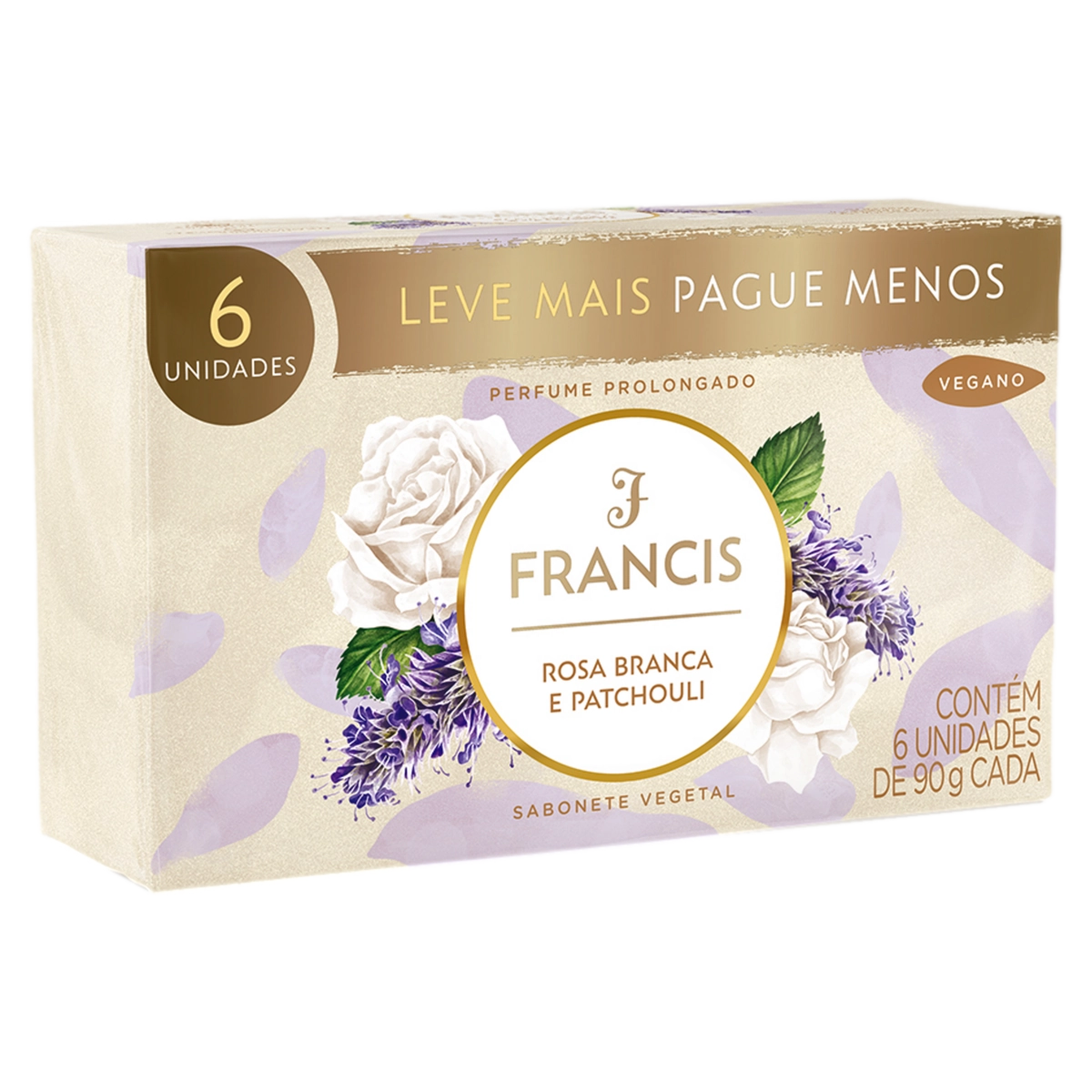 Pack Sabonete Barra Vegetal Rosa Branca e Patchouli Francis Envoltório 6 Unidades 90g Cada Leve Mais