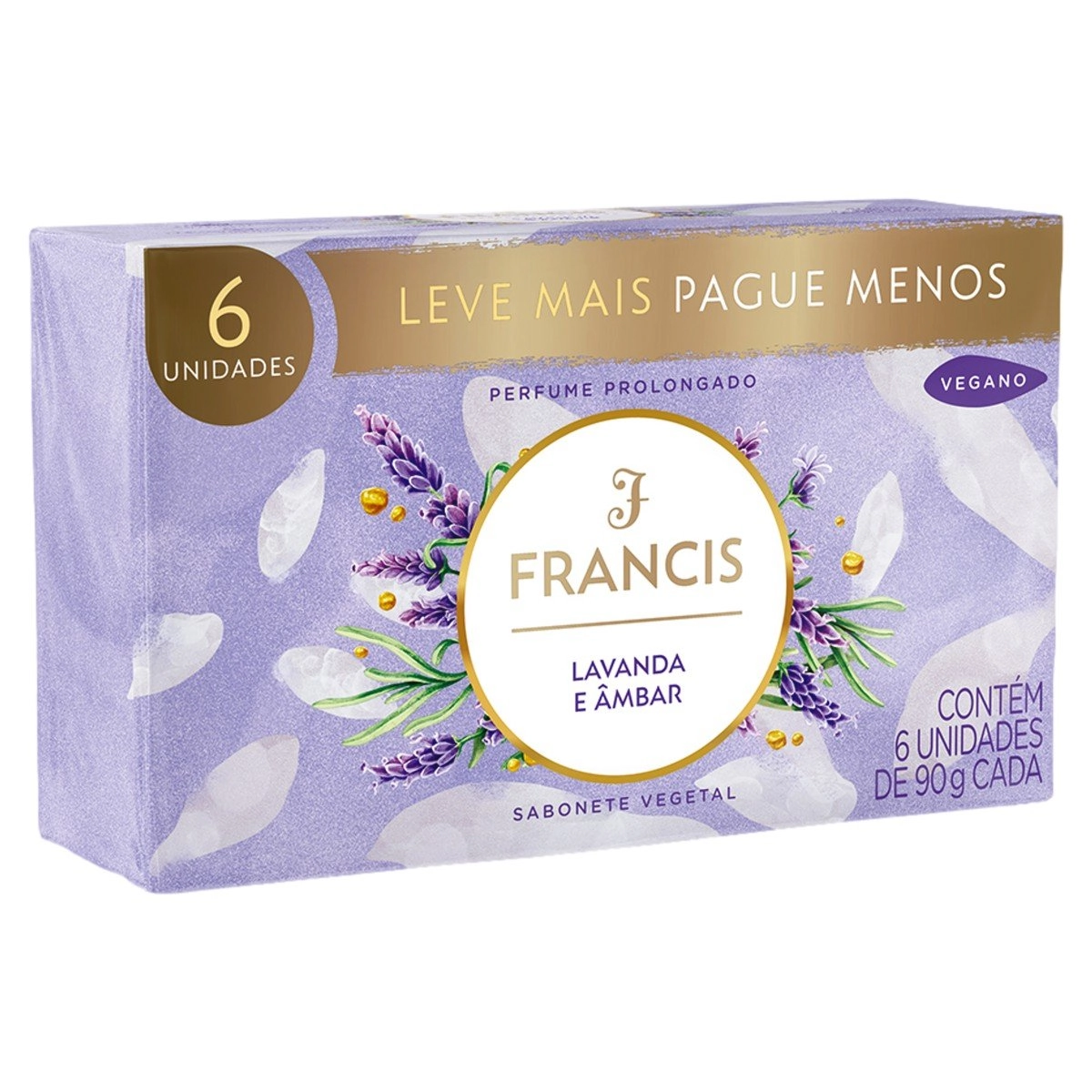Pack Sabonete Barra Vegetal Lavanda e Âmbar Francis Envoltório 6 Unidades 90g Cada Leve Mais Pague M