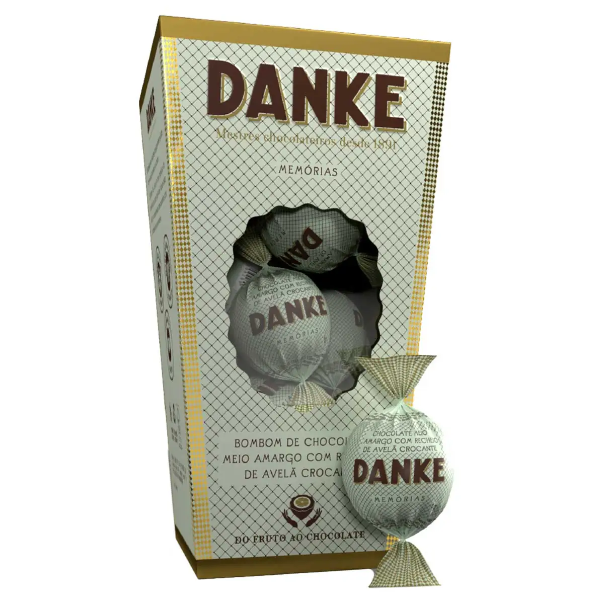 Bombom de Chocolate Meio Amargo com Recheio de Avelã 63% Cacau Danke Memórias 162g