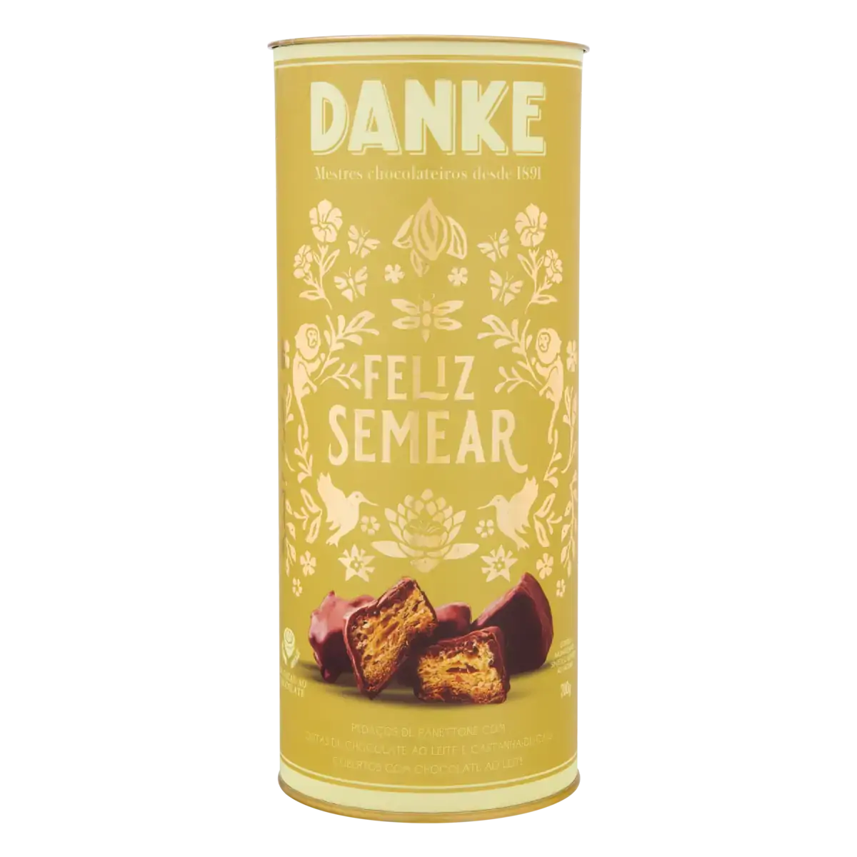 Panettone Pedaço com Gotas de Chocolate ao Leite e Castanha-de-Caju Cobertura Chocolate ao Leite Danke Feliz Semear Lata 200g