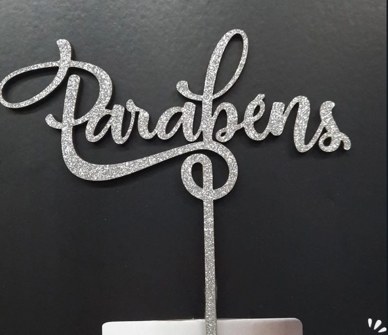 Topo De Bolo Mdf C/glitter Parabens Prata 13cm
