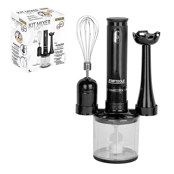 Kit Mixer/processador/batedor 3 Em 1 Profissional 127v 200w 2 Cores Preto E Branco