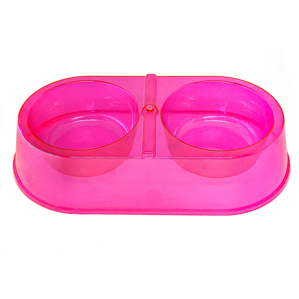 Comedouro Duplo Pet Toys Rosa Transparente Com Glitter 350 X 350 Ml