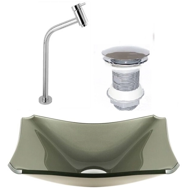 Cuba De Vidro Retangular Chanfrada 37cm Champanhe + Válvula Click + Torneira