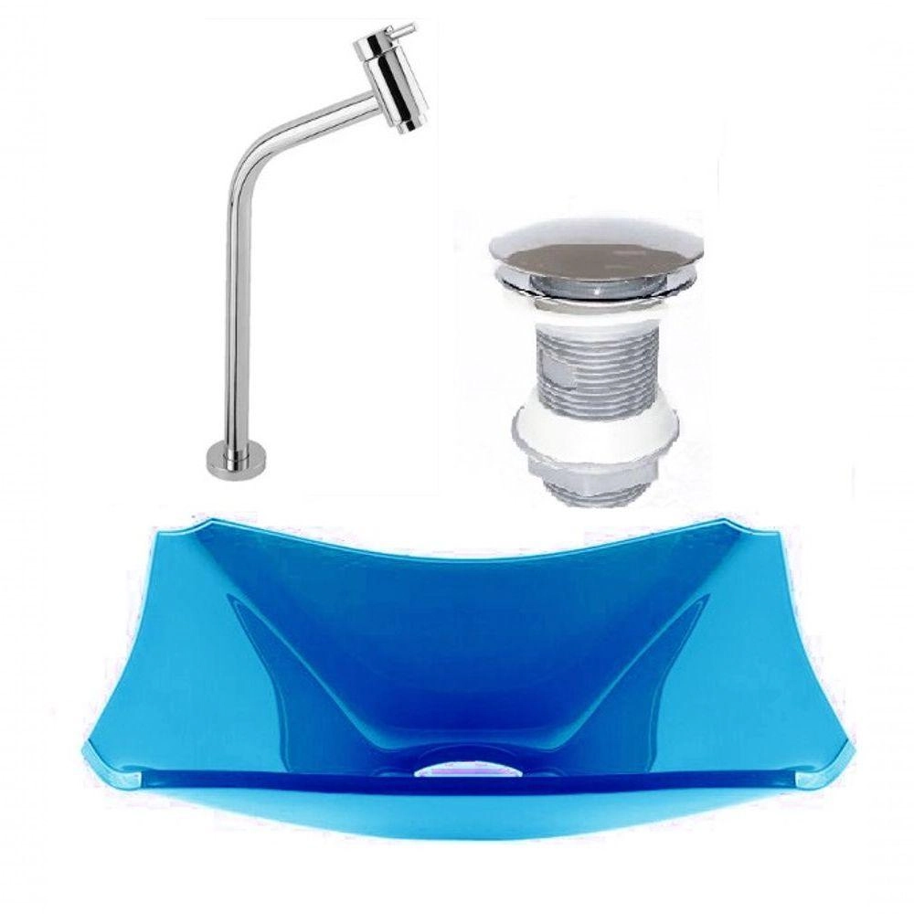 Cuba De Vidro Retangular Chanfrada 37cm Azul Claro + Válvula Click + Torneira