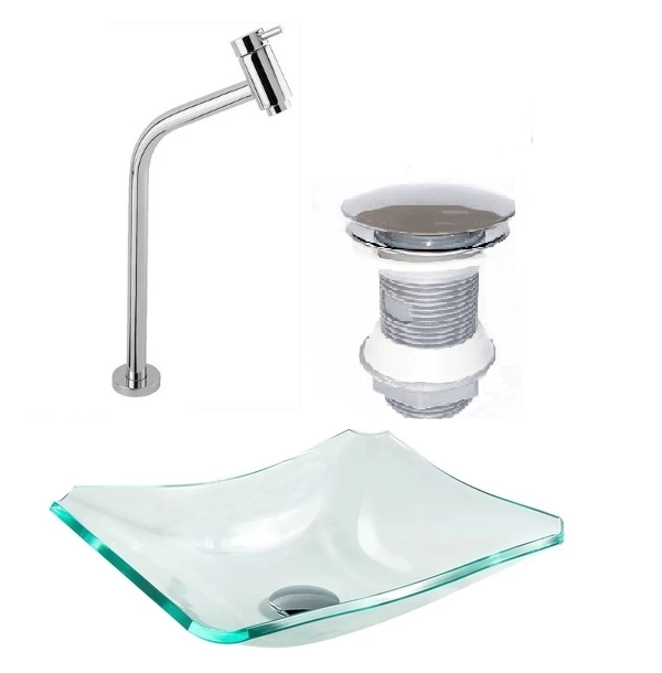 Cuba De Vidro Retangular Chanfrada 37cm Jateada + Válvula Click + Torneira