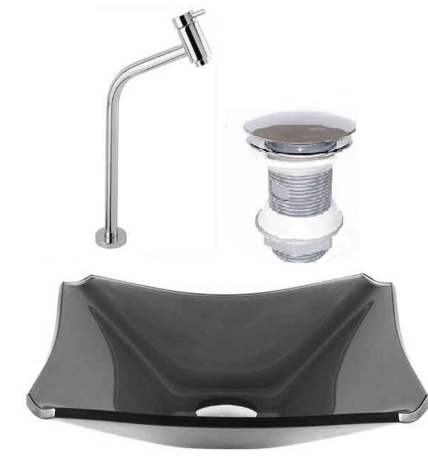 Cuba De Vidro Retangular Chanfrada 37cm Grafite + Válvula Click + Torneira