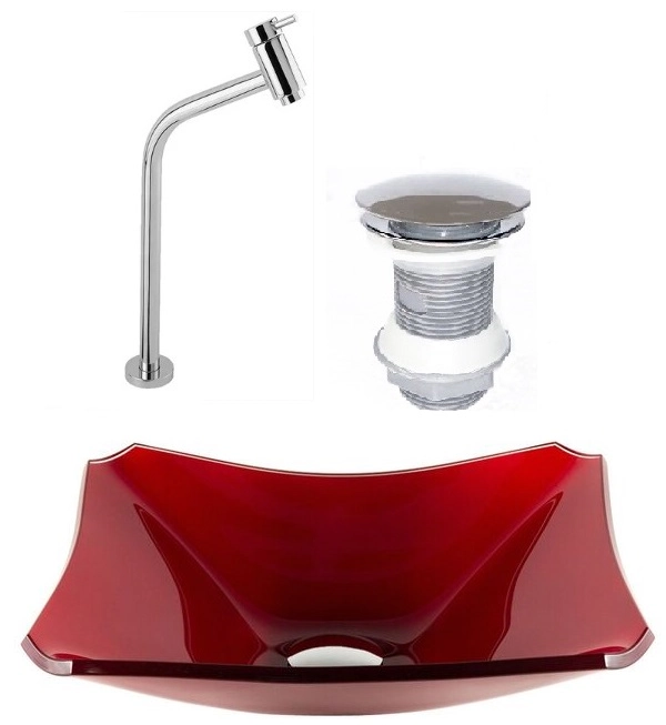 Cuba De Vidro Retangular Chanfrada 37cm Vermelho Cereja + Válvula Click + Torneira