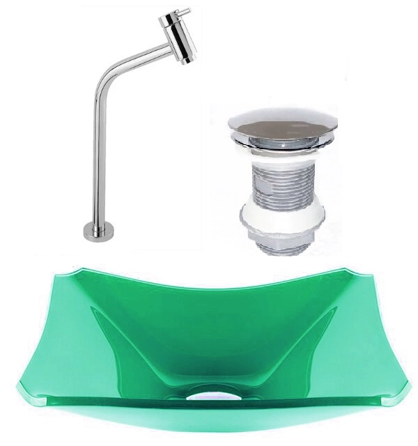 Cuba De Vidro Retangular Chanfrada 37cm Verde + Válvula Click + Torneira