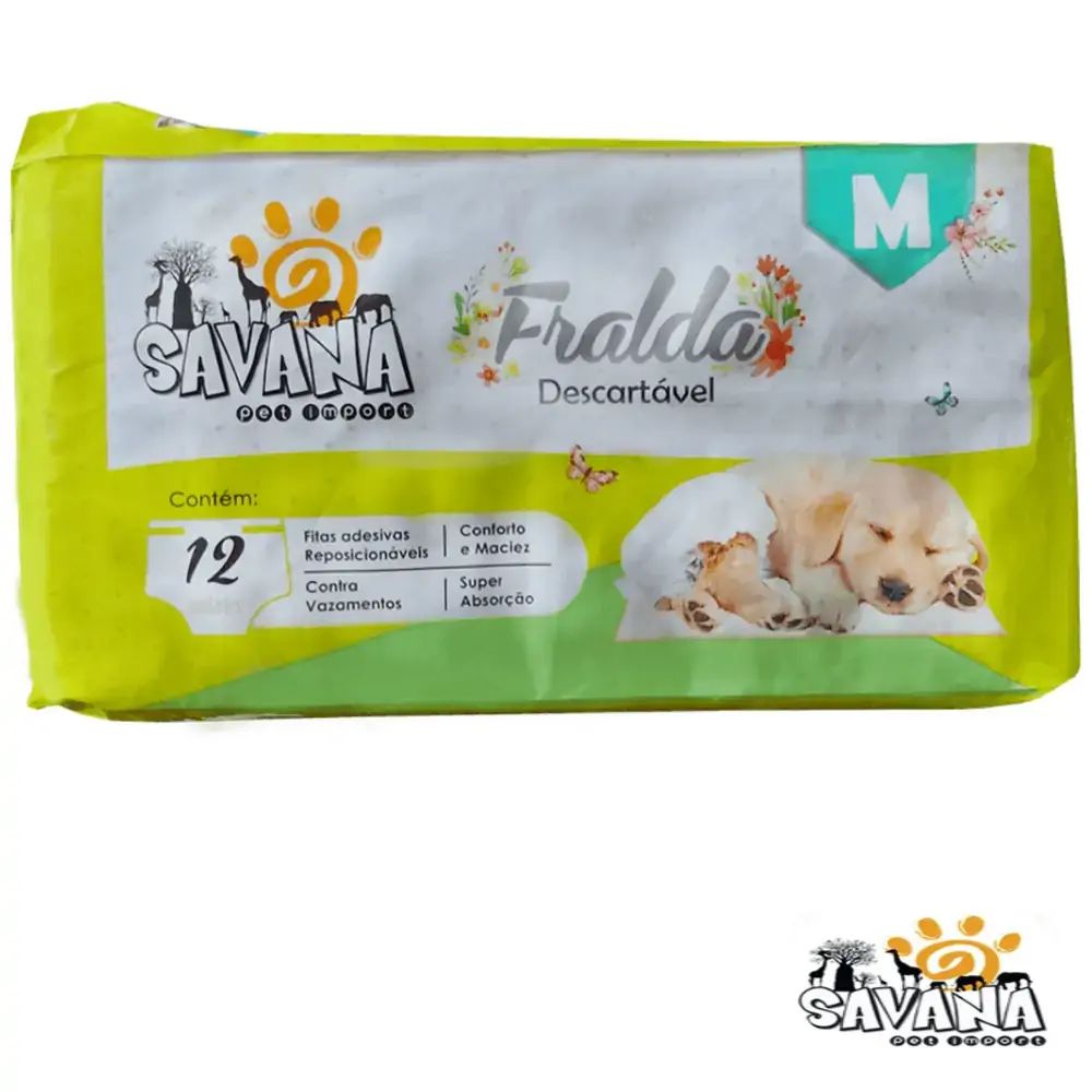Fralda Descartável Higiênica P/ Cães Macho e Fêmea M C/ 12 Unid. Cintura até 54cm - Savana Pet