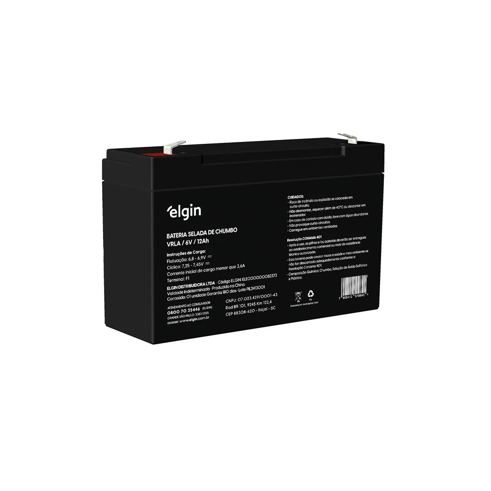 Bateria Chumbo Vlra 6v 12ah Terminal F187 - Elgin