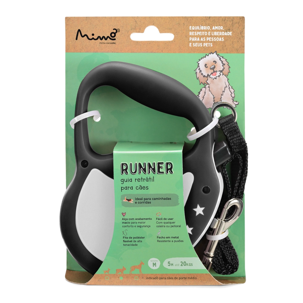 Guia Retrátil Emborrachada Fita 5M até 20kg (M) Preto Pp034