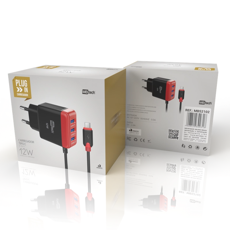 Carregador 2.1a Saida Tipo C 3 Entradas Usb 12w Mb52102 Milenio