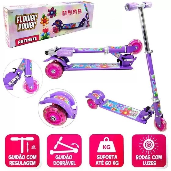 Patinete Etitoys Flower Power Dobravel Com Luz Com 3 Rodas