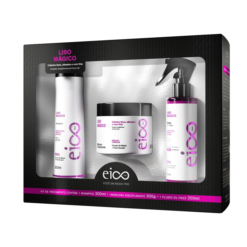Kit Shampoo 300ml Máscara 300g Fluído 200ml Eico Pro Liso Mágico