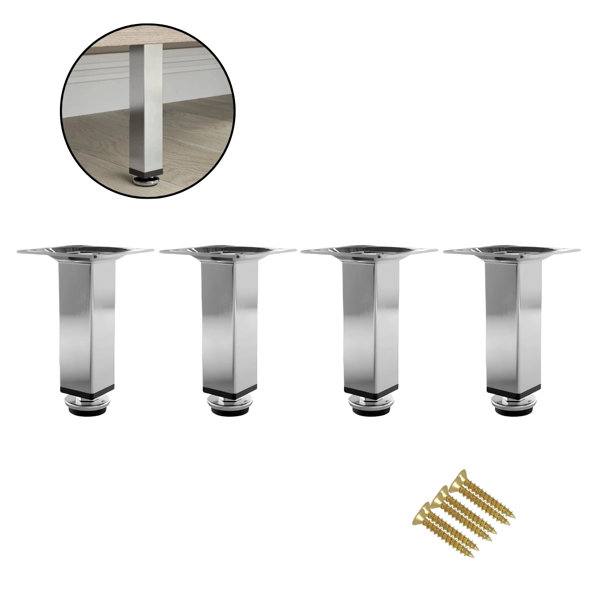 Kit 4 Pés Para Móveis Regulável Quadrado Cromado 12cm