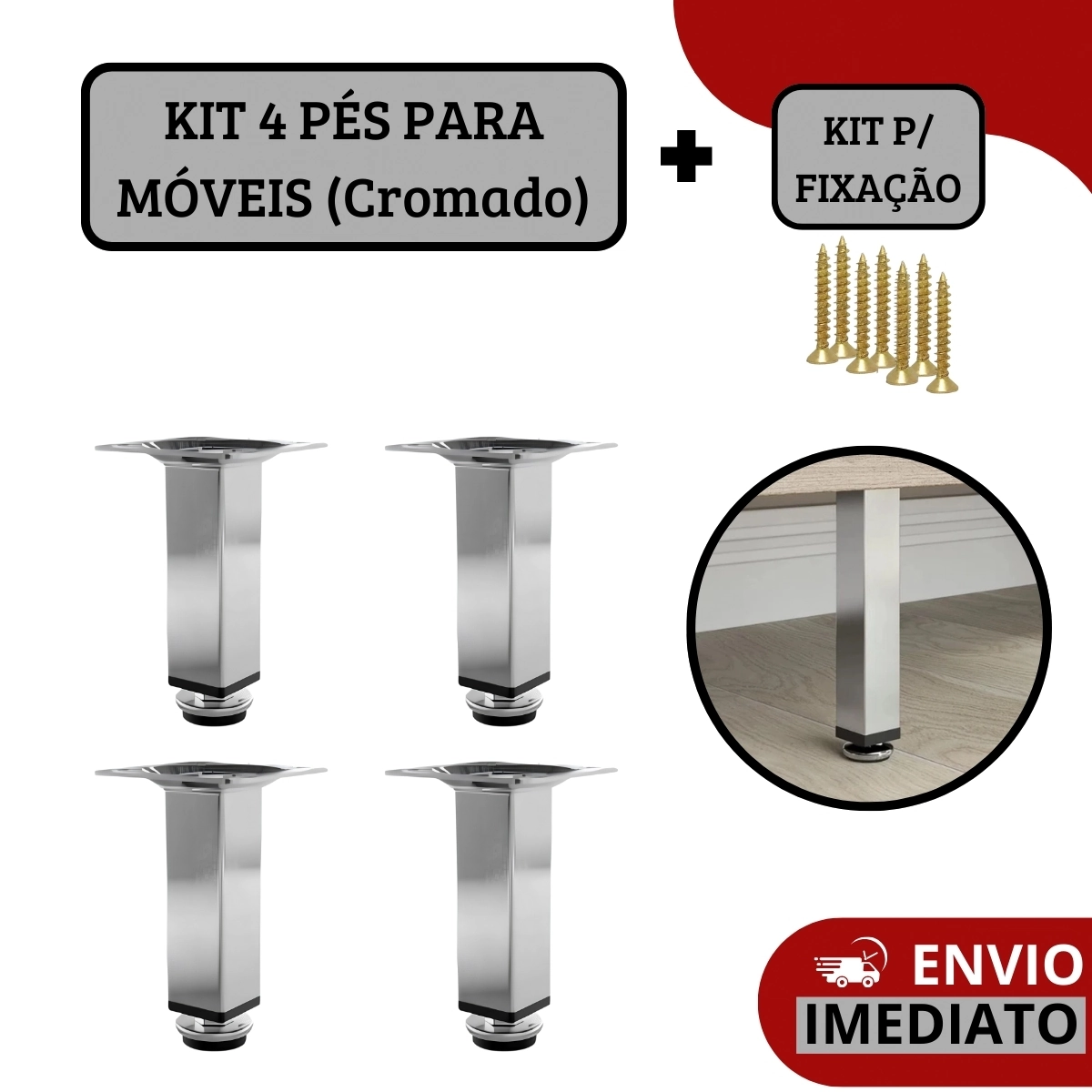 Kit 4 Pés Para Móveis Regulável Quadrado Cromado 8cm