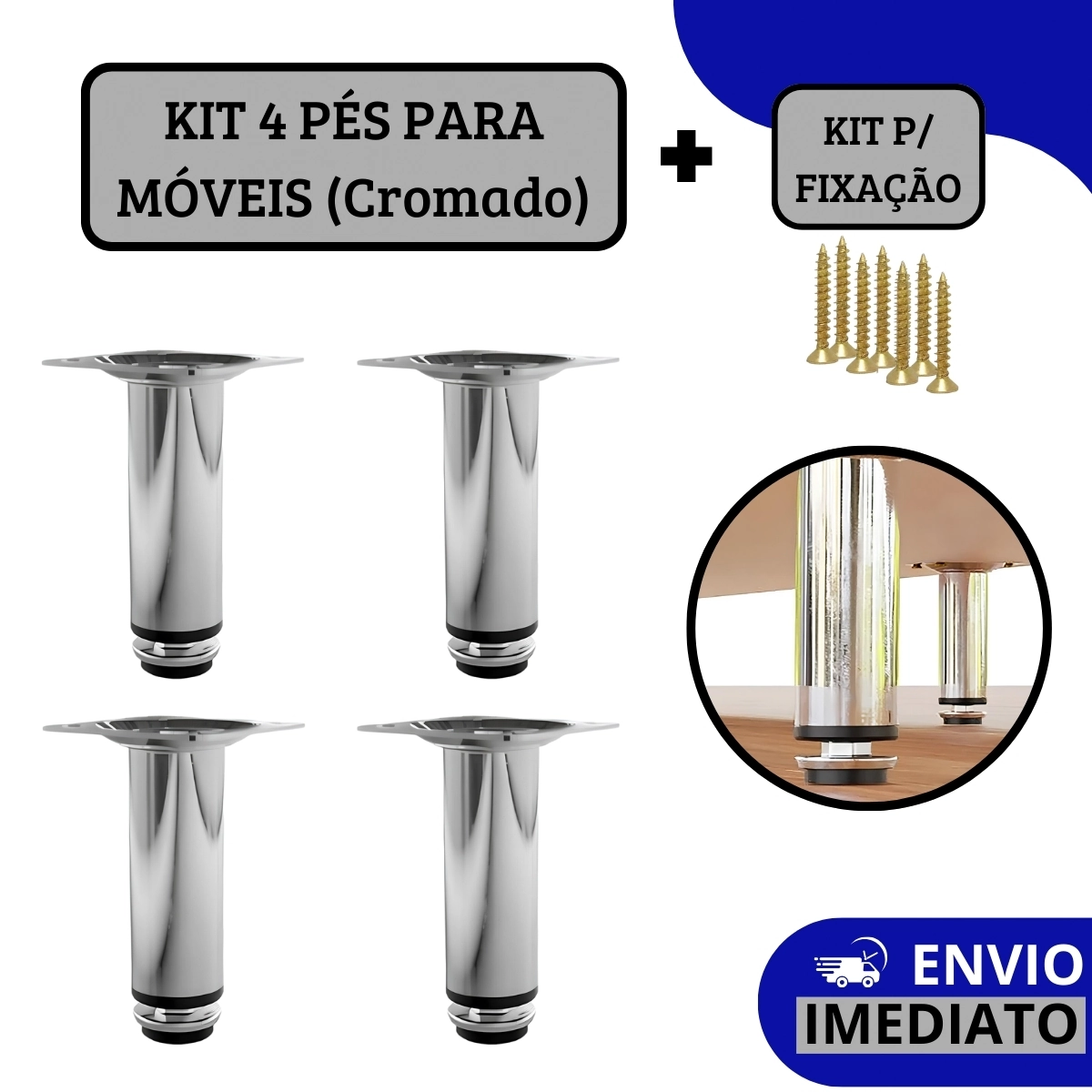 Kit 4 Pés Para Móveis Regulável Redondo Cromado 12cm