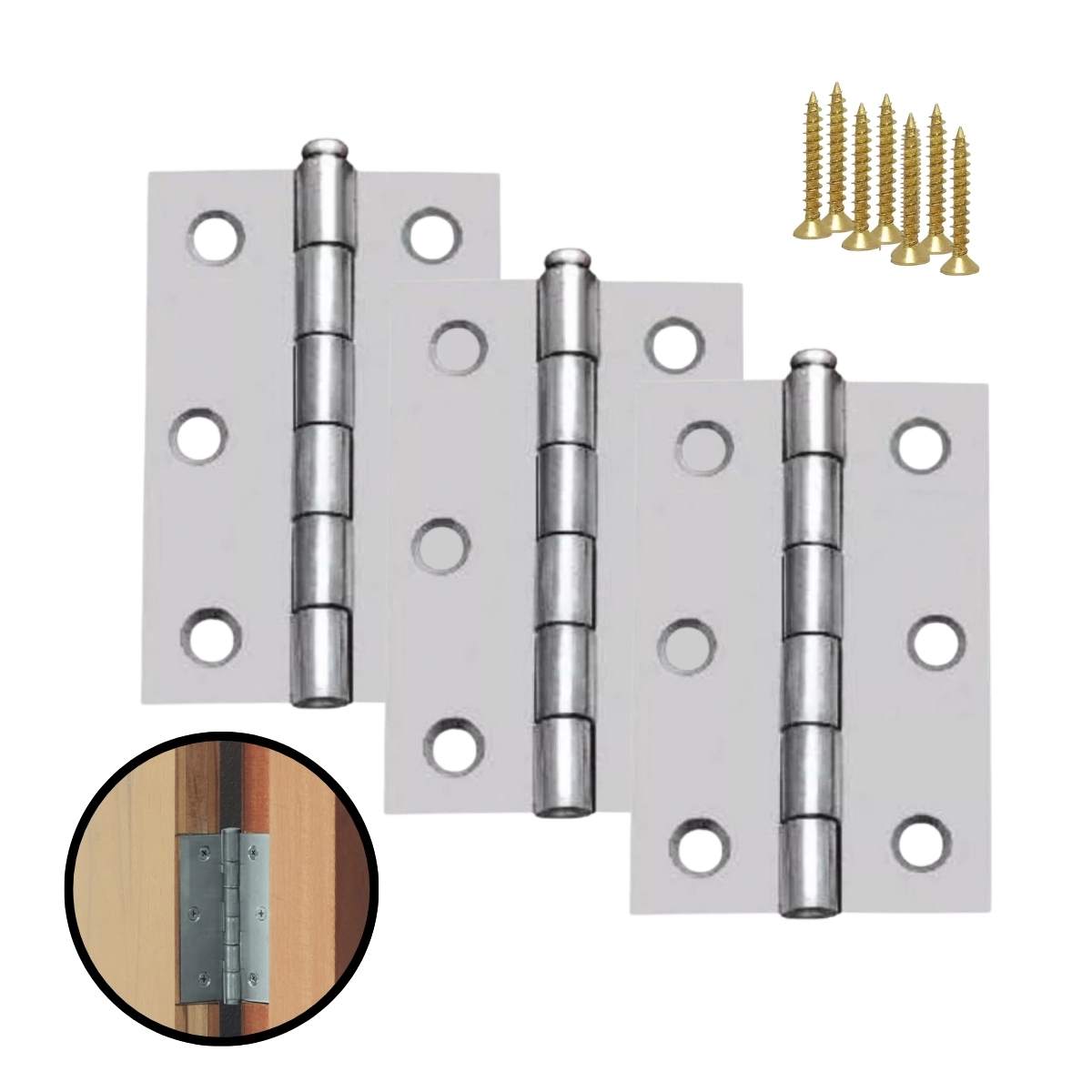Kit 3 Dobradiças Zincada Para Porta De Madeira 6,4cm
