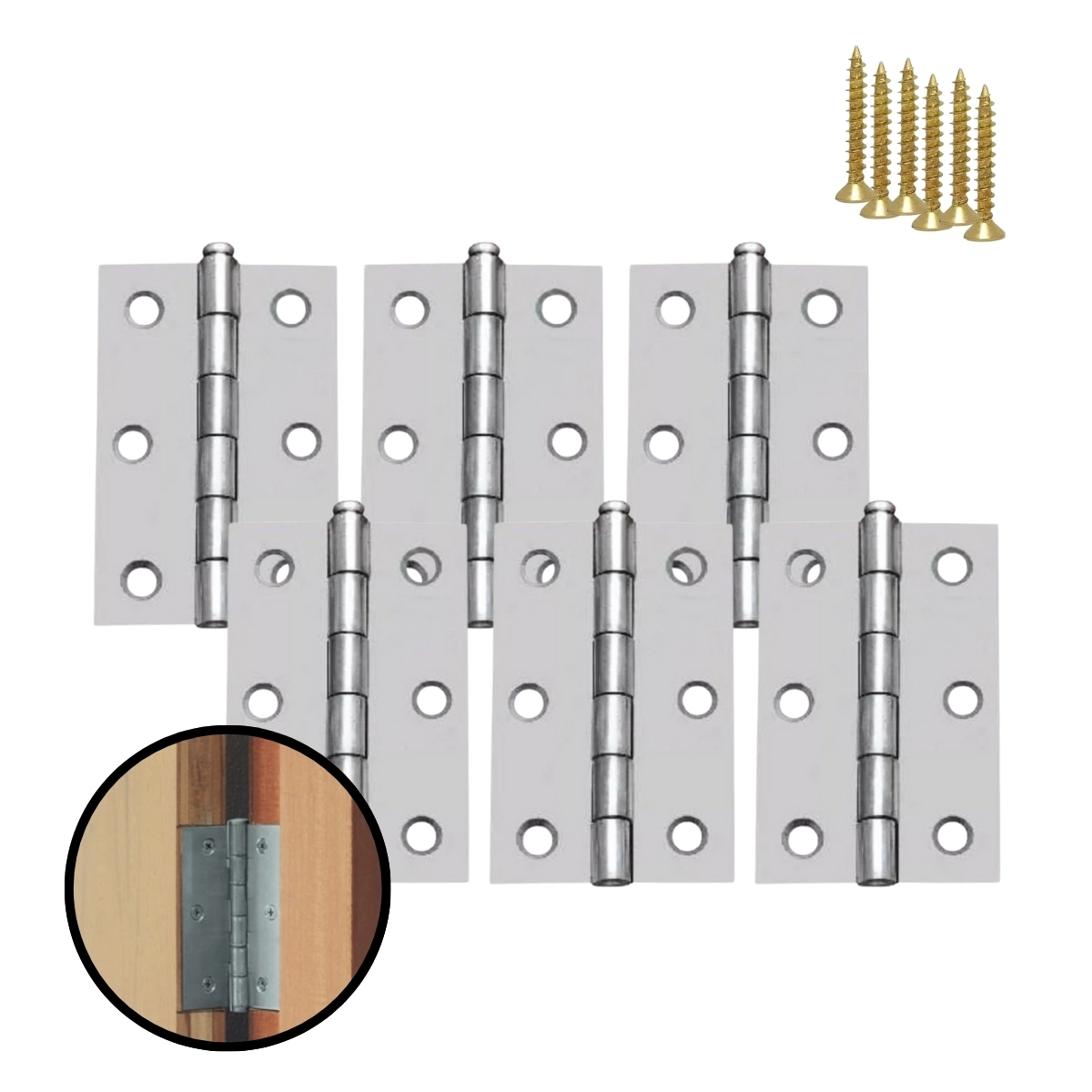 Kit 6 Dobradiças Zincada Para Porta De Madeira 6,4cm