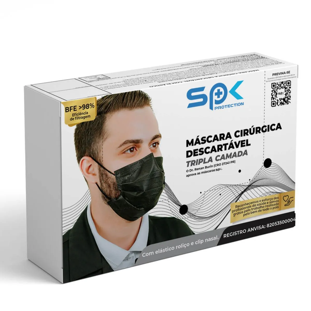 Máscara Cirúrgica Descartável Tripla Camada SPK - Preta - Caixa com 50 Máscaras