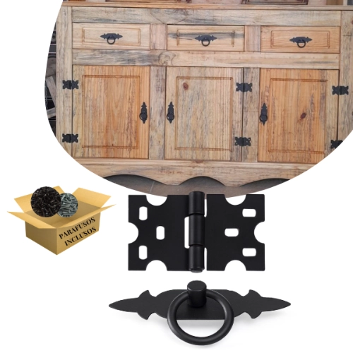 Kit 2 Puxadores Chapa Rustica + 8 Dobradiças Mexicana