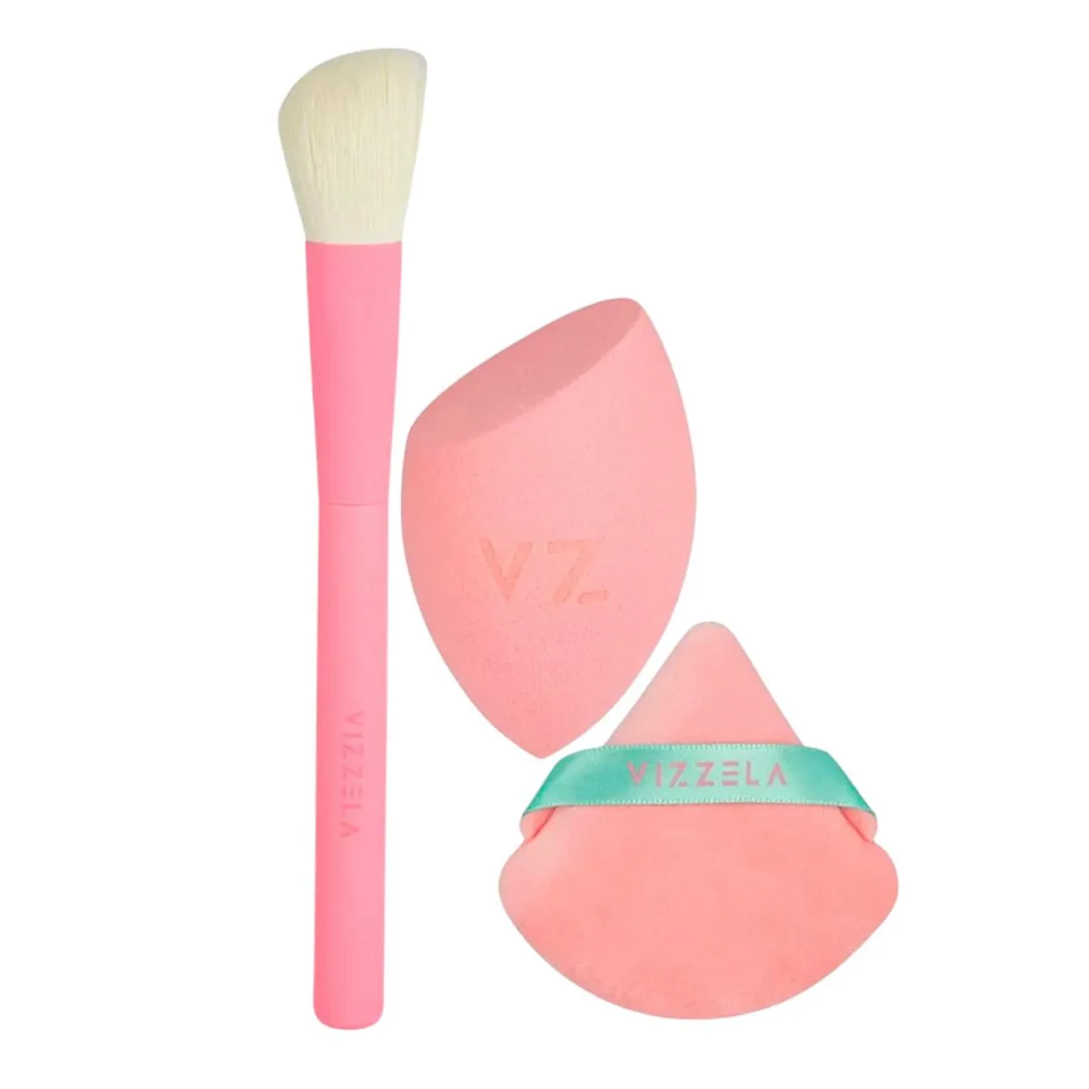Kit Essentials 2 Esponjas Maquiagem 1 Pincel Chanfrado Para Base Corretivo Pó Vizzela