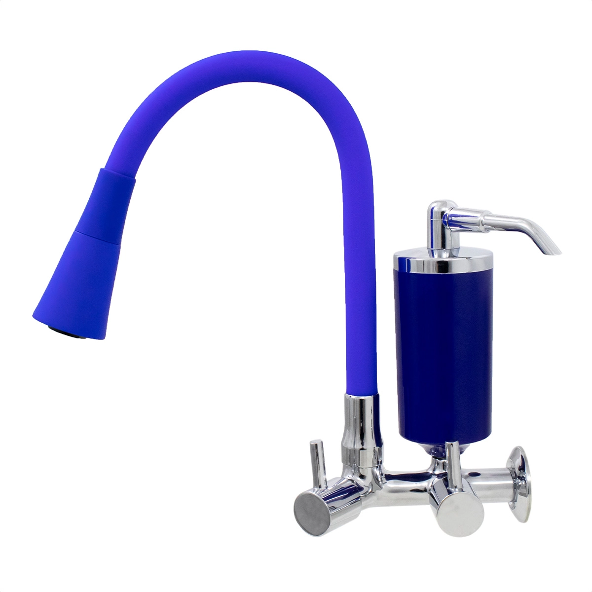 Torneira De Cozinha Azul Gourmet De Parede Com Filtro Inox Revestida Silicone Flexível bico Arejador Cone Duplo Jato