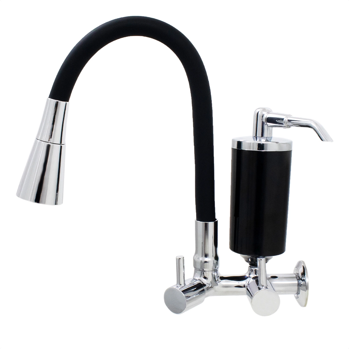 Torneira De Cozinha Preto Gourmet De Parede Inox Com Filtro Preto Flexível bico Arejador Duplo Jato Cromado