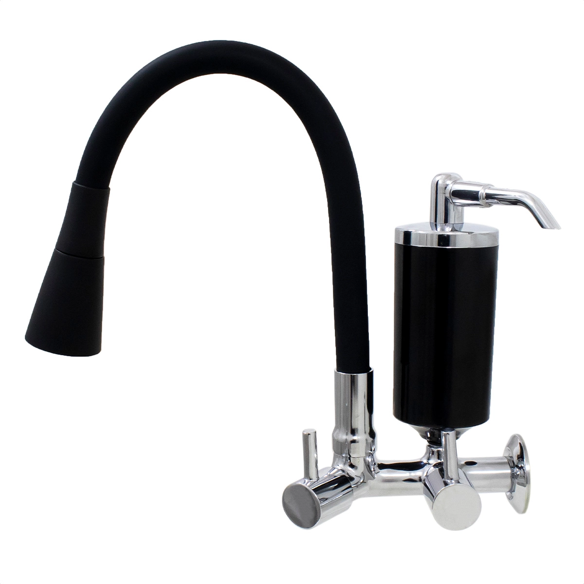 Torneira De Cozinha Preto Gourmet De Parede Com Filtro Inox Revestida Silicone Flexível bico Arejador Duplo Jato