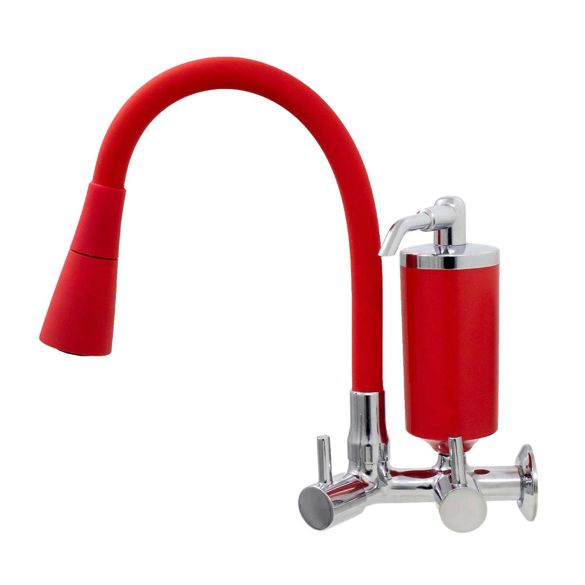 Torneira De Cozinha Vermelho Gourmet Parede Com Filtro Inox Revestida Silicone Flexível bico Arejador Cone Duplo Jato