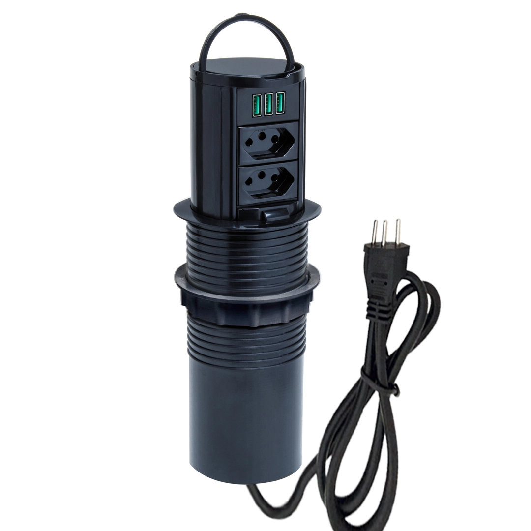 Torre De Tomada Totem Slim Manual Alça 2 Tomada 10a 3usb 5.2 Preto