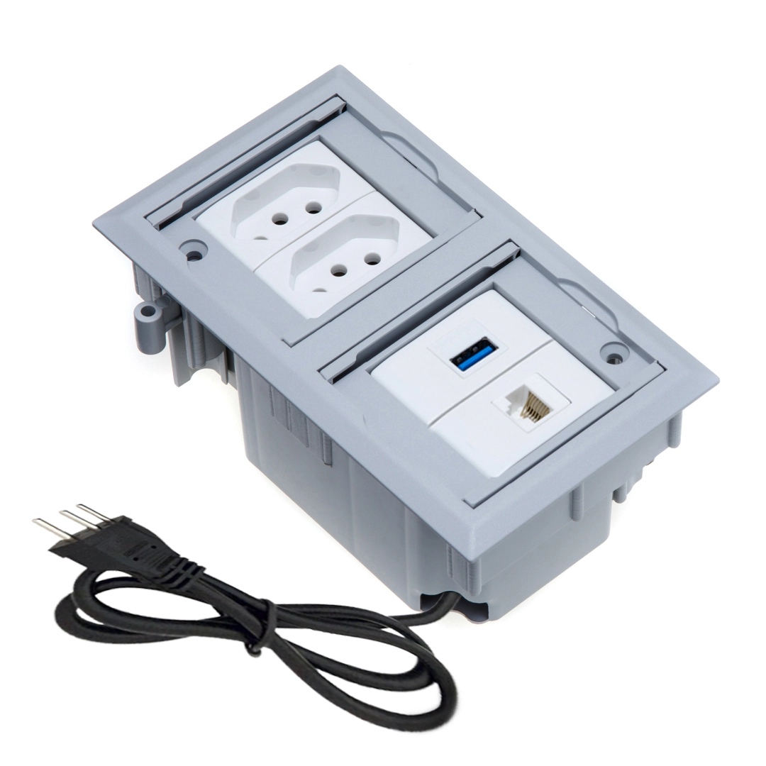 Caixa De Tomada 4 Blocos Embutir 2 Tom 10a 1usb Dados 1rj-45 Cinza